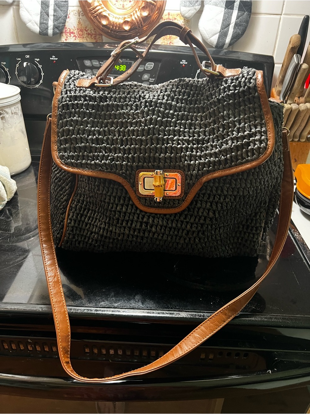 Straw Studios  Black Woven Tote with Brown Trim - Classic Women's Shoulder Bag